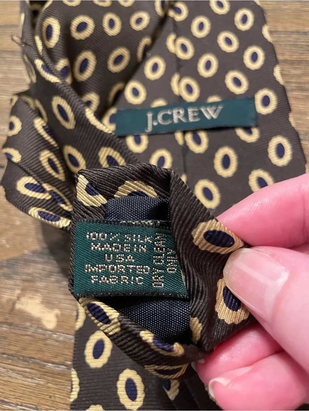 Vintage 90s J.Crew 100% Silk Tie Hand Made in USA Brown Navy Gold Geometric